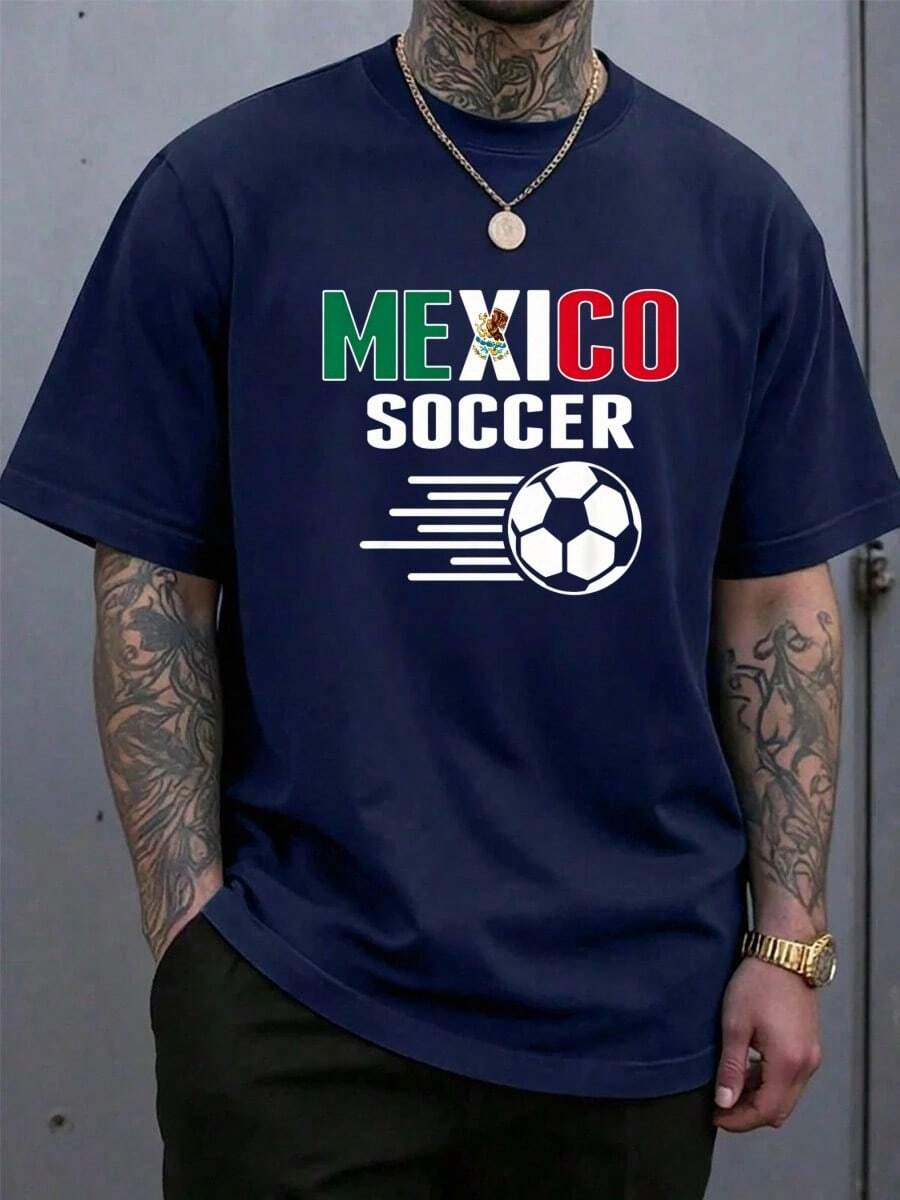 Mexico Soccer University Style T-Shirt, Classic Design With Letters And Tricolor Ball, Casual Garment For Fans Of The Mexican National Sport, 2026 Season - 藏蓝色 - 查看 1