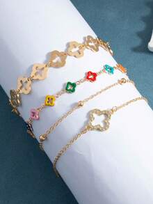 Set Of 4 Fashionable Elegant Vacation Style, Fresh Vibrant, Dopamine Color Hollow Four-Petal Flower Chain, Rhinestone Chain Women's Anklet, Can Also Be Used As Bracelet - Multicolor - View 4