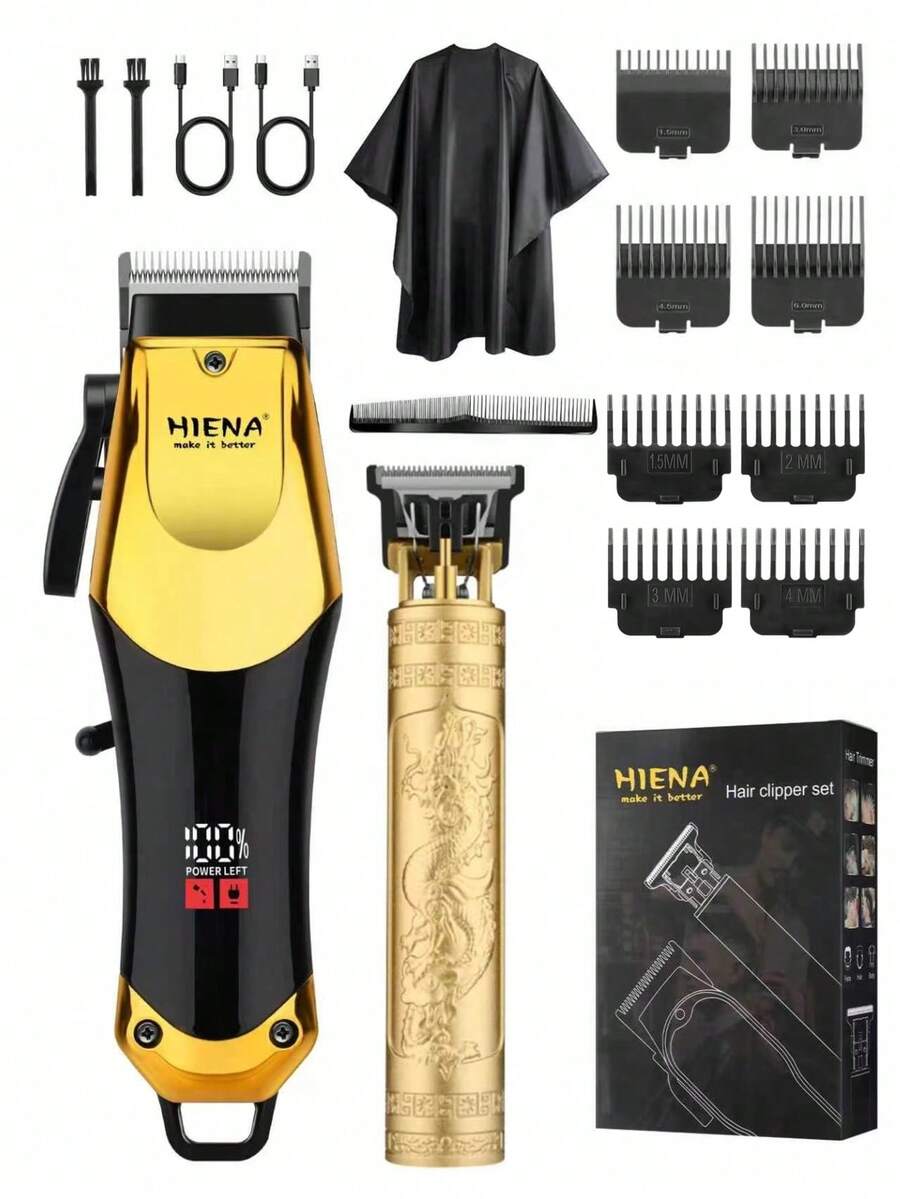 HIENA 男士理发修剪套装（2件套），T9刀头，数字显示电动理发器，集成工具套装，适合家庭使用（另有单把理发器可选）