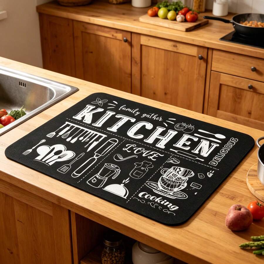 1 buah Alas Pengering Piring Dapur Motif Papan Tulis Vintage, Alas Penyerap Air untuk Meja Dapur dengan Cetakan Peralatan Masak, Alas Piring Anti Selip Cepat Kering untuk Wastafel dan Meja Dapur, Aksesori Dapur Tahan Panas dan Dapat Digunakan Kembali, Alas Penyerap Air Gaya Rumah Pertanian untuk Peralatan Makan - View 1