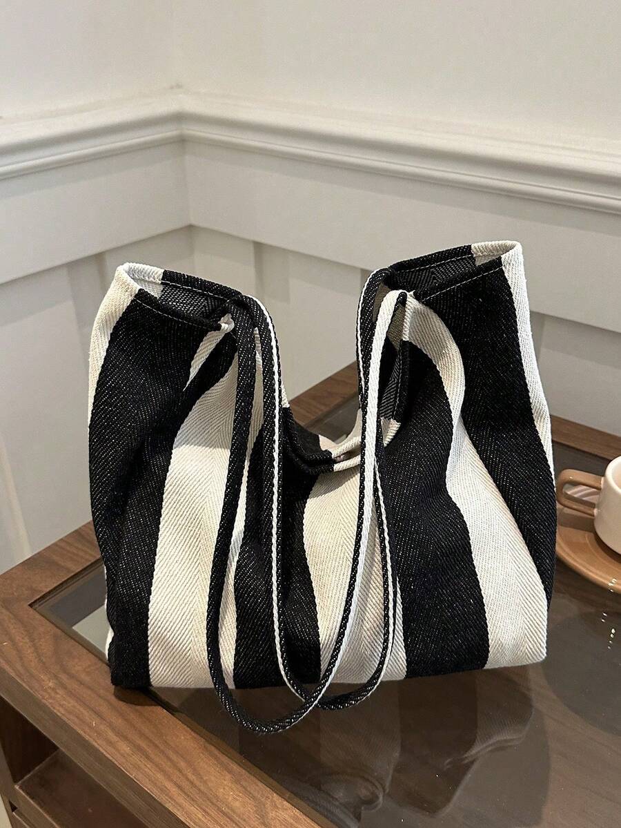 2026 New Retro Style Striped Canvas Bag, Large Capacity, Versatile Use, For Work, School And Outdoor Activities, Can Be Used As A Backpack - Light Grey - View 1