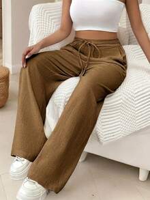 Women's Linen Palazzo Pants, Adjustable Waist With Drawstring, Side Pockets, Casual And Breathable For Vacations - 卡其色 - 查看 2