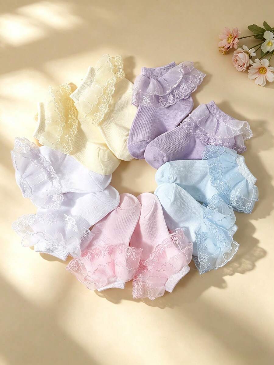 5双女童蕾丝边短袜，可爱公主风，柔软舒适，时尚花卉蕾丝袜，适合日常穿着、假期、派对、返校季等场合。 - 彩色 - 查看 1