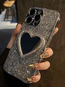 Glitter Heart Mirror Phone Case, Mirror Phone Case That Can Be Used For Makeup Touch-, Compatible With IPhone 15/15Pro/15Plus/15Promax - Bạc - Xem 4