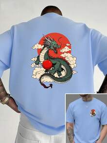 Camiseta de cuello redondo para hombre con estampado de dragón y sol rojo en ambas caras, estilo casual, deportivo, moderno y holgado, de manga corta para estudiantes y adolescentes. - Blanco - Ver 6
