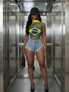 Women's Casual Brazil Flag Print Strapless Backless Cropped Tank Top, Suitable For Football Matches, Festivals, Daily Wear, Summer Women's Top Style - Brazil - View 7