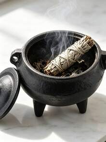 1件鑄鐵帶蓋香爐，三腳鼠尾草與聖木香座，便攜式冥想淨化碗，居家空間淨化，復古桌面裝飾儀式擺件，適合瑜伽與靈性室內使用 - 附蓋香爐 - 查看 5