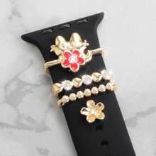 4pcs Cute Cartoon Cat & Flower Silicone Strap Decor, Heart Rhinestone & Pearl Decorative Ring - Gold - View 3