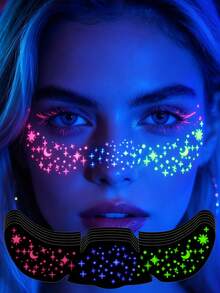 6張螢光夜光臨時紋身貼 成人女性霓虹雀斑臉部紋身貼 亮粉星星貼紙 螢光派對用品 防水 Y2K 化妝 夏季度假節慶演唱會適用 - 彩色 - 查看 9