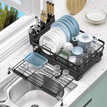 1pcs Expandable Dish Drying Rack Carbon Steel Dish Rack For Kitchen Counter, Space Saving Dish Drainer With Utensil Holder And Drainboard - Black - View 10