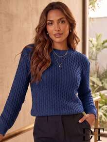 Women's Honeycomb Knit Sweater, Long Sleeve, Round Neck, Ribbed Cuffs, Winter Knit - Rust Brown - View 4