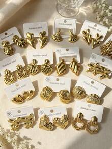 2/12 Pairs Women's Gold Stainless Steel Stud Earrings Set, Flower Heart Butterfly Leaf Vintage Symbol Earrings, Birthday Gift Set - Yellow Gold - View 5
