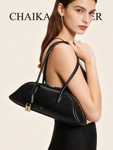 Túi đeo vai da PU đen phong cách chic với chi tiết khóa - Túi xách kẹp nách phong cách thiết kế tối giản vintage cho nữ dùng hàng ngày, đi chơi thường nhật - màu đen - Xem 1