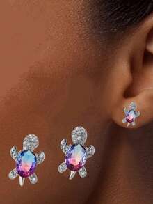 Cute Mini Turtle Earrings - Multicolor Turtle Shaped Earrings, Small Animal Style Jewelry Suitable For Girls' Daily Wear - Green - View 10