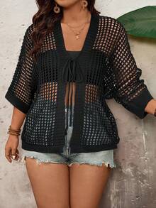 Hollow Knit Cardigan, Mid-Length Beach Cover-Up, Sheer Vacation Style Top Jacket - Black - View 5