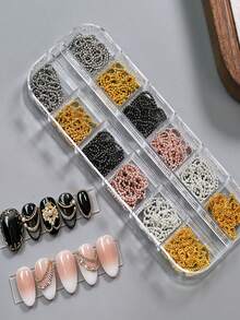 12件/盒 金色與銀色金屬鏈條美甲裝飾，3D龐克奢華美甲配件，亮片鏈條吊墜美甲飾品，DIY美甲裝飾 - 彩色 - 查看 4