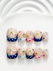 10Pcs Dreamy Style Handmade Press On Nail,Polygel Nail Set,Featuring Heart Shaped Rhinestone,Pink And Blue Nail Polish,Playful Style,Includes Nail Tools,3 Sizes Available,Square,Short Square,Almond,Nails For Party,Dance,Daily Wear. - 彩色 - 查看 2