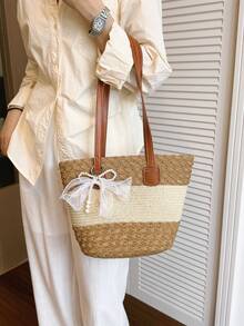 New Fashion Casual Beach Straw Woven Large Capacity Commuter Premium Texture Woven Shoulder Tote Bag, Pendant For Reference Only - Khaki - View 3