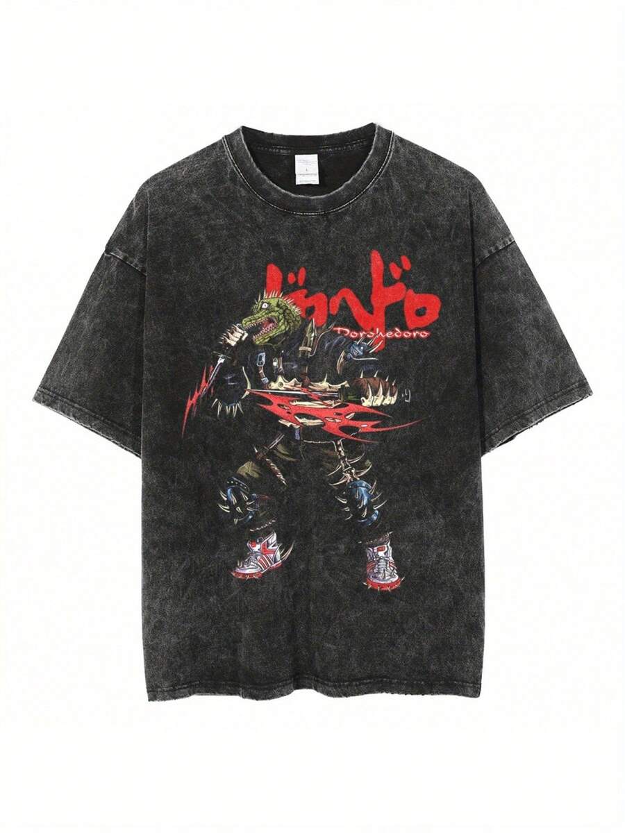 Camiseta de Verano para Hombre, Estilo Urbano, Lavada, Oversize, con Estampado Gráfico de Anime, Unisex, Harajuku, de Algodón, Manga Corta, Color Negro OD6V - Negro - Ver 1