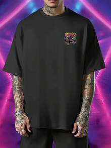 Camiseta de hombre con diseño de coche, impresión a doble cara, moderna y a la moda, holgada y suave, cuello redondo, ropa deportiva casual de calle para primavera y verano, camiseta de mang - Negro - Ver 2