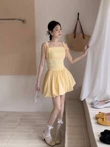 New Summer Collection: Women's Camisole Dress With Ribbon Straps, Shirred Waist, And Balloon Skirt - Yellow - Sweet Style, Perfect For Dates, Casual Wear, And Shopping - Yellow - View 4