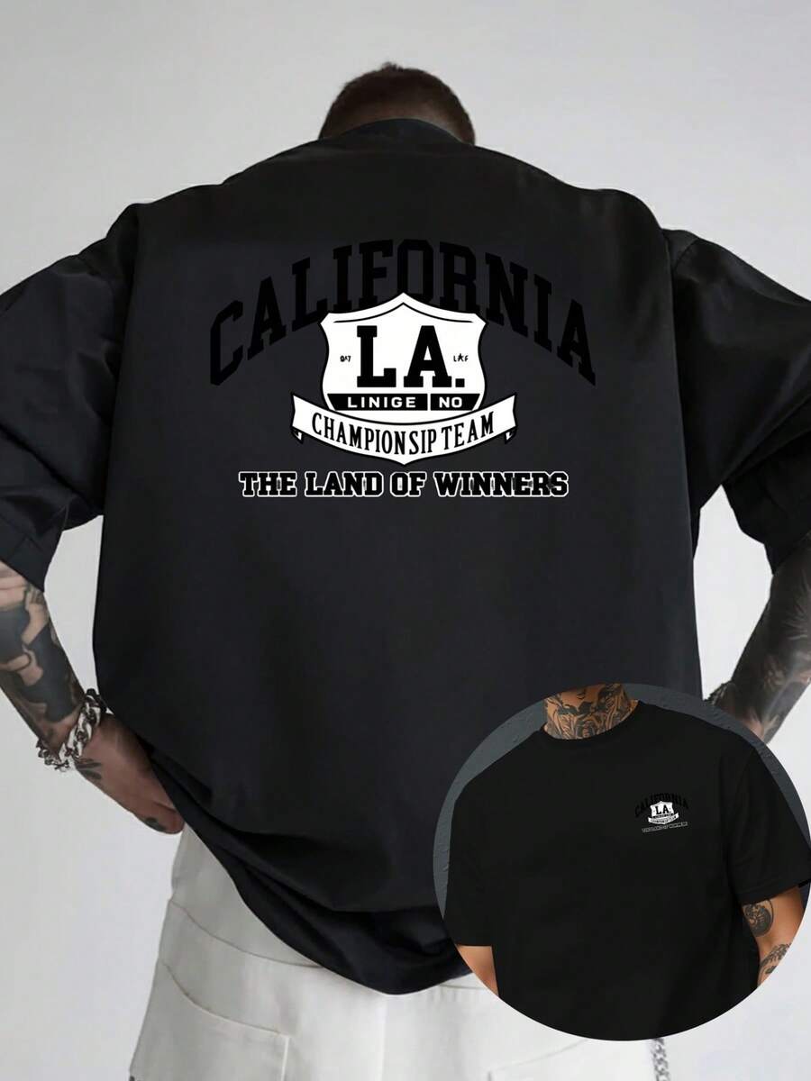Camiseta de cuello redondo para hombre, nueva, con estampado de doble cara de California, Los Ángeles, estilo casual, deportivo, moderno y holgado, para estudiantes y adolescentes, de manga - Negro - Ver 1