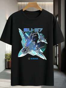 SU57 Fighter Jet Graphic Print Men's T-Shirt, made of high quality fabric, crew neck, loose and comfortable fit, with unique graphic print. - Preto - Ver 2