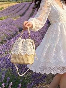 Lace Trim Straw Bucket Bag, Versatile Women's Crossbody Bag, Drawstring Closure, Vacation Style, Suitable For Commuting, Dating And Vacation - Multicolor - View 3