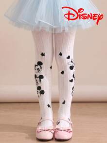 1 Pair Authentic Disney Girls White Vertical Striped Tights, Little Girl Princess Style Mickey Minnie Pattern Party Gift Hollow Mesh Bottom Socks, Comfortable And Breathable Suitable For Students, Gifts And Daily Use - Multicolor - View 7
