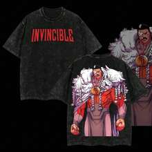 Plus Size Retro Washed T-Shirt Thragg Conqueror Viltrumite War - Invincible Comic, Double Print, Oversized, Lightweight, Acid Wash Effect, Graphic Tee - Black - View 1