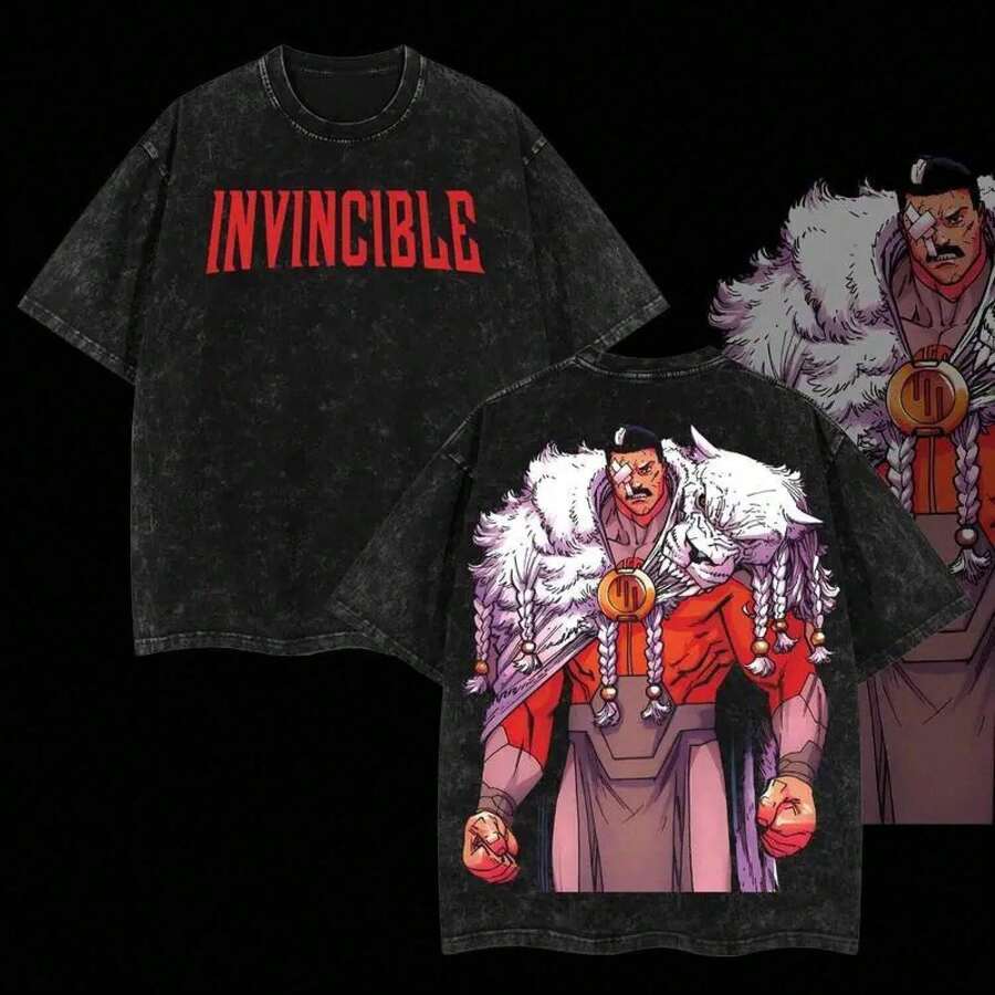 Plus Size Retro Washed T-Shirt Thragg Conqueror Viltrumite War - Invincible Comic, Double Print, Oversized, Lightweight, Acid Wash Effect, Graphic Tee - Black - View 1