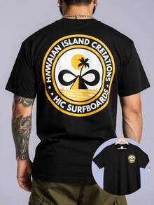 Camiseta creativa HIC de las Islas Hawaianas con diseño de tabla de surf, base negra con ribete amarillo, con motivos de palmeras, sol y olas, cuello redondo informal, de algodón y tran - Negro - Ver 1