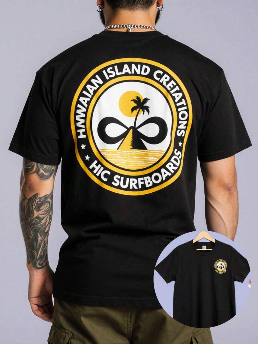 Camiseta creativa HIC de las Islas Hawaianas con diseño de tabla de surf, base negra con ribete amarillo, con motivos de palmeras, sol y olas, cuello redondo informal, de algodón y tran - Negro - Ver 1