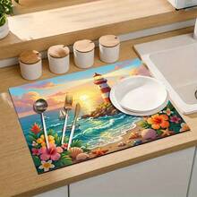 1pc Dish Drying Mat, Coffee Machine Mat, Seaside Sunset Lighthouse Sailboat Print With Tropical Floral Shell Starfish Pattern, Durable Absorbent Polyester Fiber Draining Mat, Suitable For Dining Table, Cafe And Other Scenes, Multipurpose Drainage Mat, Home Gift, Tabletop Decoration - XYLSD-517 - View 7