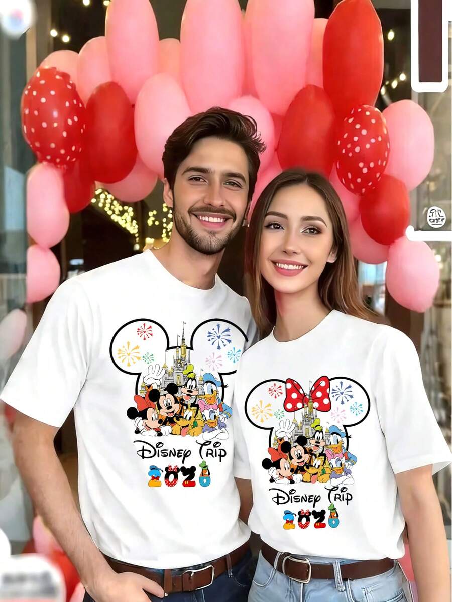 These 2026 Disney Trip Couple T-Shirts Feature Mickey And Minnie Mouse's Faces And A Castle, Making Them An Ideal Choice For Couples And Families. - Nữ - Màu trắng - Xem 1