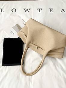 1pc Solid Color PU Fabric Shoulder Bag Women's Vintage Fashion Large Capacity Tote Bag With Strap Decoration, Magnetic Closure, Double Handle Design, Snap Closure, Suitable For Travel, Shopping, Dating, Women's Gift, Suitable For Teenage Girls, College Students, Beginners And White-Collar Workers, Perfect For Office, Campus, Work, Business, Commuting, Outdoor, Travel, Outing - Khaki - View 4