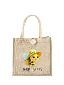 女款多功能托特包，印有可愛蜜蜂與「BEE HAPPY」圖案，度假風字母設計購物袋，適合婚禮、生日、海灘及各種節日場合，亞麻托特包，教師節禮物袋，便攜輕量可折疊收納袋，簡約百搭，護理師、醫生、教師感謝收納袋，母親節禮物，個人旅行化妝收納袋，購物袋，教師節與開學季最佳禮物選擇 - 彩色 - 查看 12