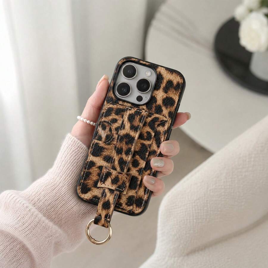 1pc Fashion Leopard Print PU Leather Ring Card Holder Wallet Phone Case Compatible With Apple 11 12 13 14 15Plus 16e 17Pro Max - Brown - View 1