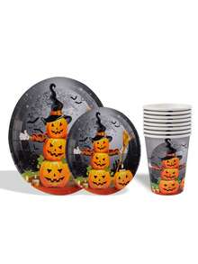 50 piezas de platos de papel, vasos y servilletas para fiesta de Halloween, platos de papel con diseño de calabaza, vajilla desechable para mesa de postres, decoración de fiesta de cumpleaños, set de regalo para decoración de fiesta de vacaciones para 10 personas - multicolor - Ver 5