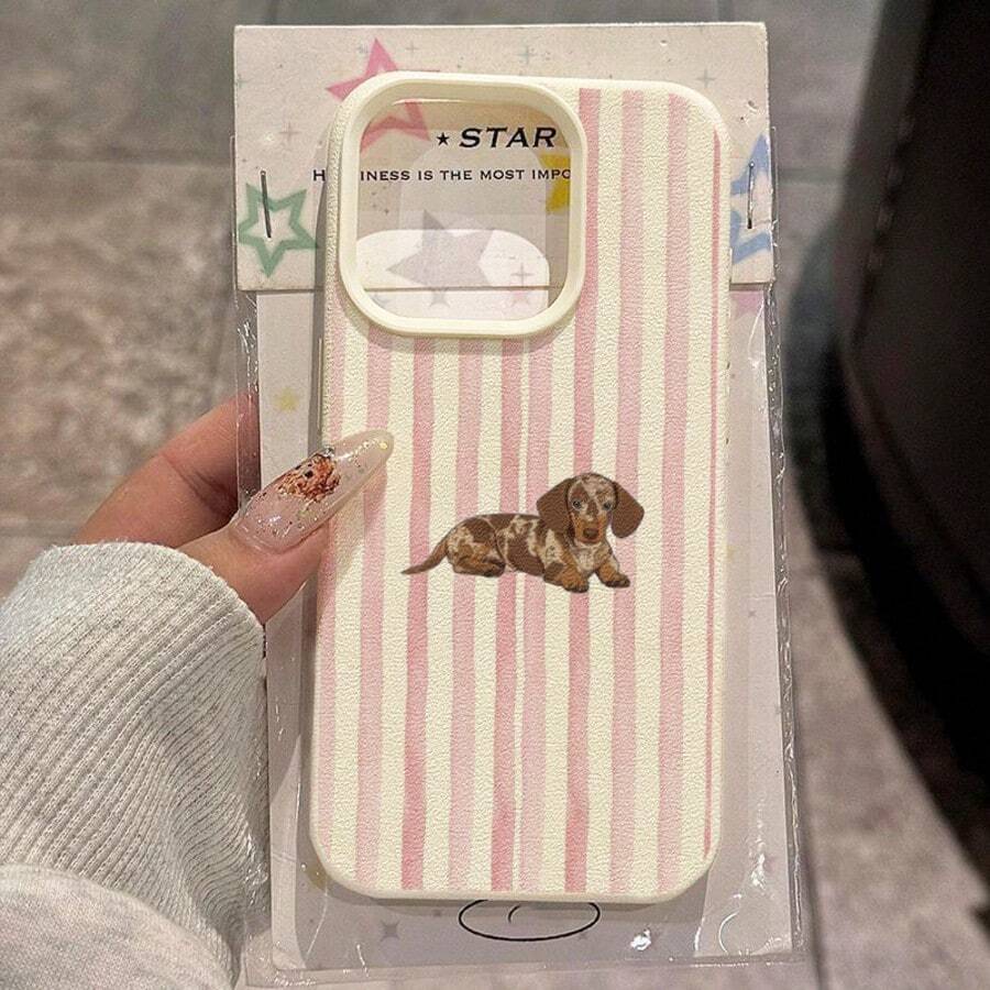 1個 TPU材質粉色條紋牛奶咖啡臘腸狗圖案手機殼 適用於 iPhone 17 Pro Max/17/16 Pro Max/15/13/12/11/S20 FE/A15/S24/A55/Note 11/Note 12/Note 13 Pro 全包覆防震軟保護套 - 白色 - 查看 1