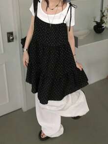 Tank Top Camisole Kasual Wanita Motif Polkadot dengan Hem Berkerut, Warna Hitam, untuk Musim Panas - Hitam - View 7
