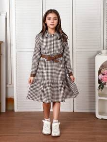 女童长袖格子连衣裙，棕白格纹图案，皮革饰边蝴蝶结腰带，时尚百搭，适合日常穿着 - 棕色 - 查看 4