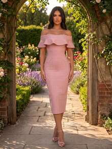 Off Shoulder Women Bandage Dress Wedding Guest Dresses Evening Formal Gown Clubwear Dress - 粉色 - 查看 2