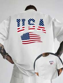 Camiseta de hombre con estampado de la bandera estadounidense de doble cara - Transpirable, corte regular, manga corta, cuello redondo, estampado llamativo de estrellas y barras, estilo casu - Blanco - Ver 1