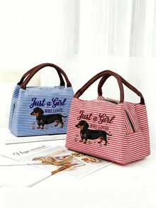 Dachshund Lover Exclusive Printed Striped Tote Bag, Soft Girly Style Daily Handbag; Durable And Wear-Resistant, Ideal For Carrying Essentials; Simple Handle Design, Easy To Carry; Fresh Stripes Paired With Cute Dachshund Pattern And Heart Paw Prints, Showcasing Playful Charm. - Multicolor - View 7
