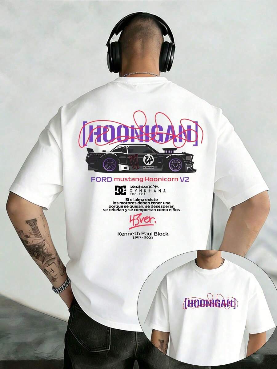 Men's T-Shirt With Retro Racing Print And Double-Sided Print.  Bronco Racing T-Shirt. Short Sleeve 100% Cotton - 白色 - 查看 1