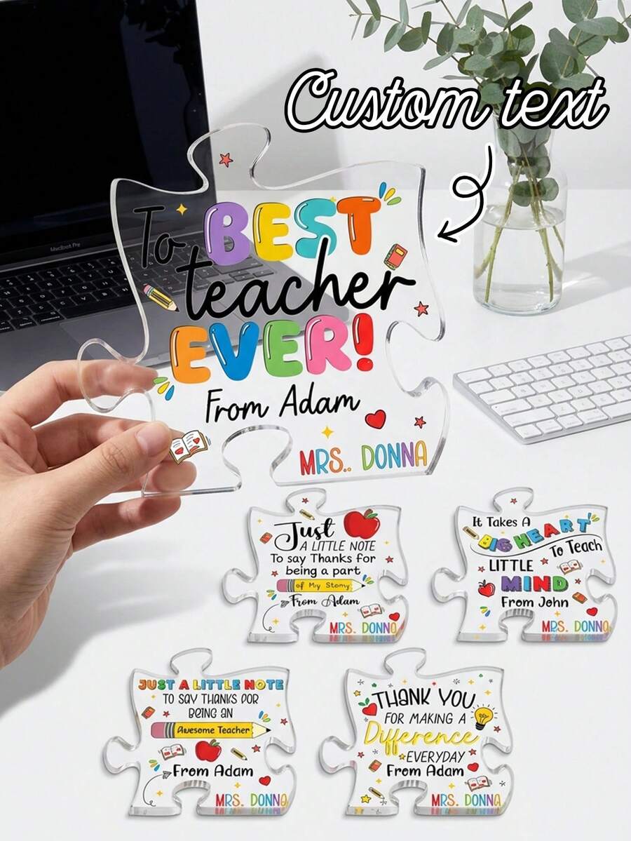 1 pieza Decoración de escritorio de acrílico con forma de rompecabezas personalizada, recuerdo de agradecimiento al maestro personalizado, nombre y texto personalizables, decoración de garabatos con tema escolar lindo (manzana, lápiz, libro y corazón), regalo ideal de agradecimiento al maestro, decoración de escritorio de aula, Día del Maestro - Multicolor - Ver 1