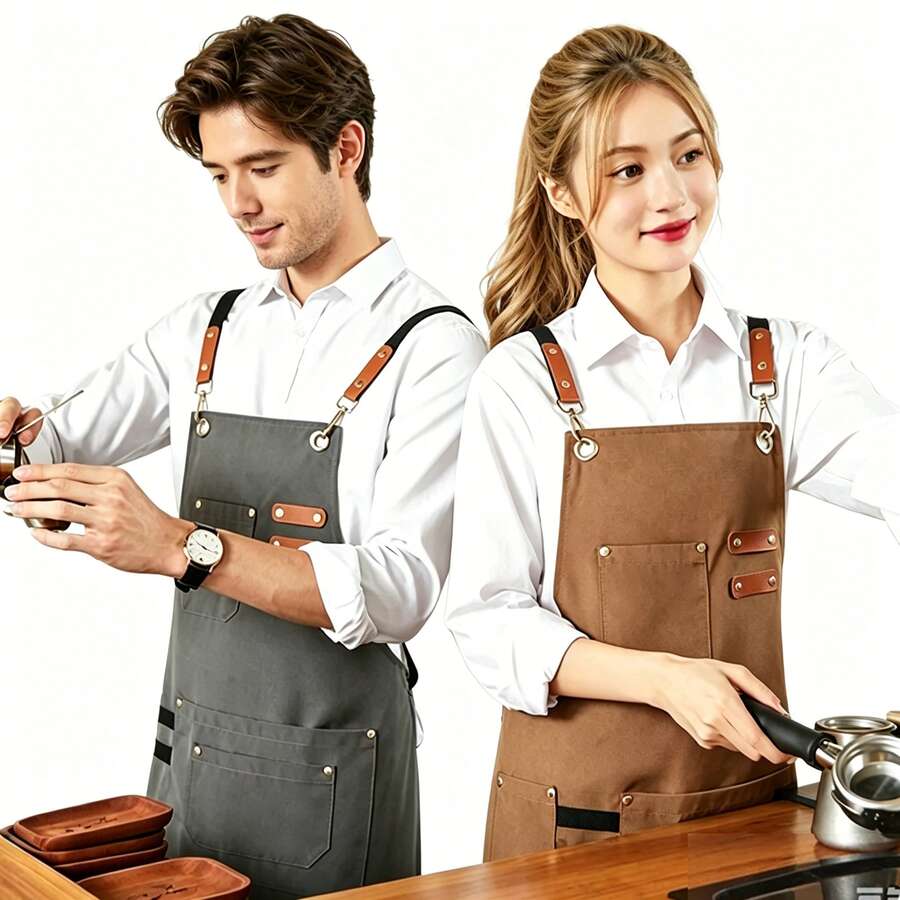 1 Piece Of Canvas Apron With Pocket, Coffee Shop, Milk Tea Shop, Chef, Hotel Kitchen, Baker's Role - Multicolor - View 1