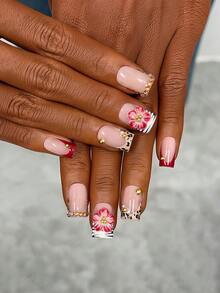 10pcs/Set Y2K Nails Handmade, Cute Nails, Pink Nails, Red French Tip Nails, Handmade 3D Red Flowers Nails Art, Perfect For Parties & Daily Wear. Short Square Nails. Handmade Press On Nails Square, Fake Nails, Acrylic Nails, Short Nails, Leopard Nails - Multicolor - View 3
