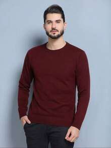 Men's Plain Wool Knit Sweater With Round Neck And Long Sleeves For Winter - Burgundy - View 3